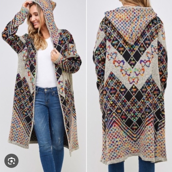 On Blue Aztec Long Hooded Cardigan Sweater Size Small Multicolor Rainbow - Picture 1 of 13